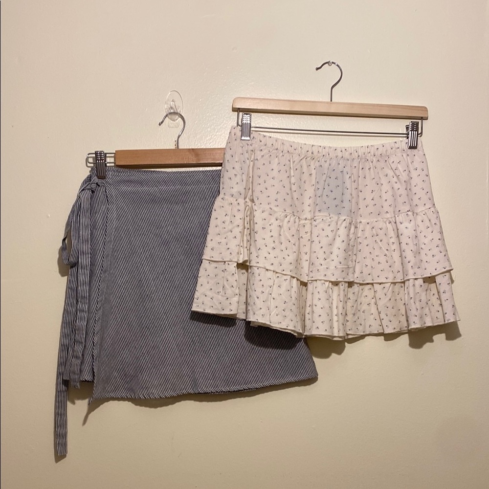 Brandy Melville Cream and Blue & White Wrap Skater Mini Skirt. Set 2 pieces